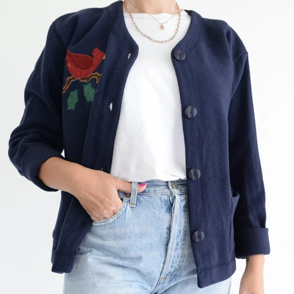 Gabrielle Navy 100% Cotton Bird Design Cardigan  Med - Picture 3 of 14